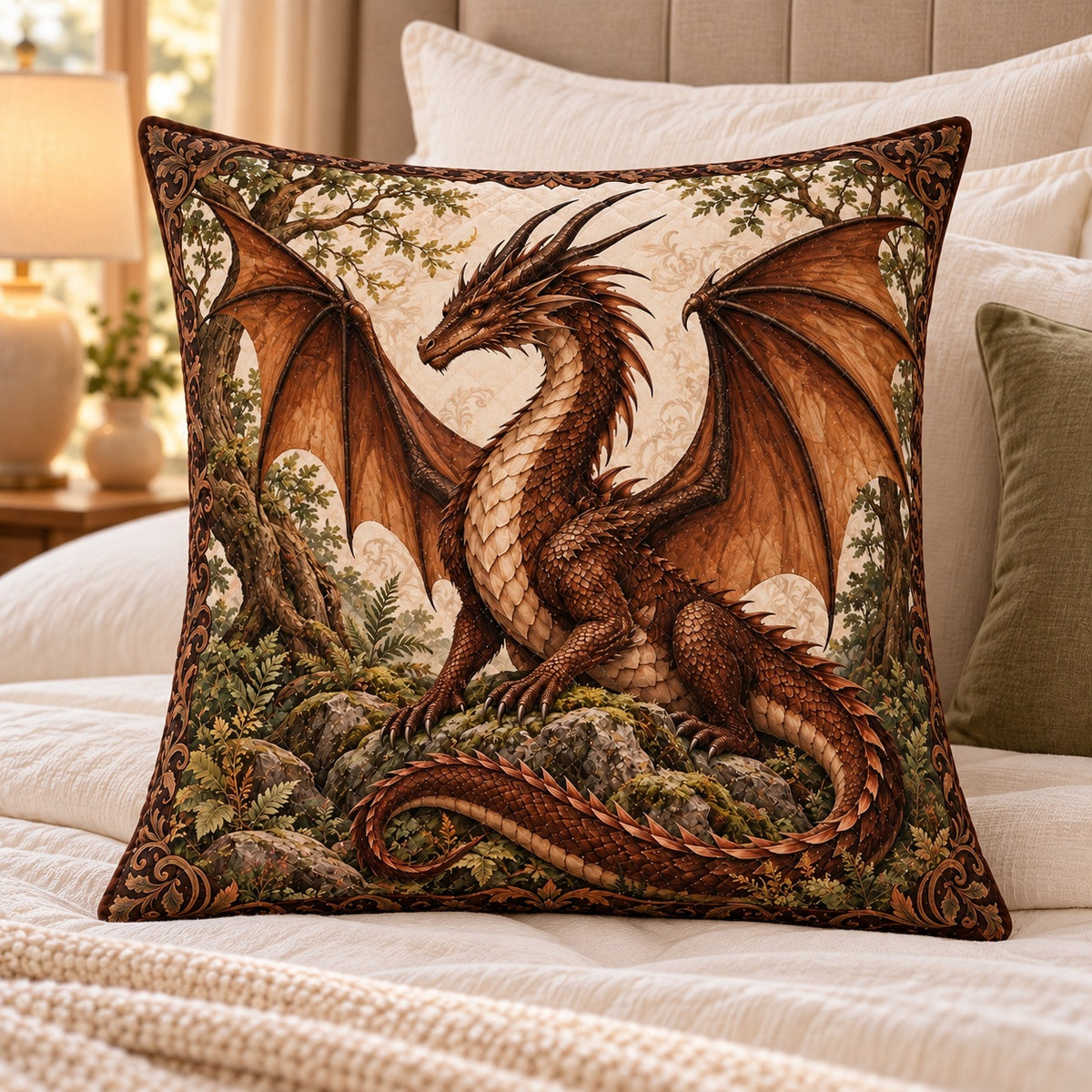 Brown Dragon Quilted Throw Pillow, AI-generated bedroom mockup