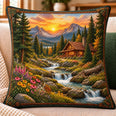 Mountain Cabin Sunset Quilted Throw Pillow, Rustic Nature Decor, Gift for Cabin Lovers
