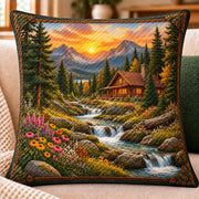 Mountain Cabin Sunset Quilted Throw Pillow, AI-generated sofa mockup