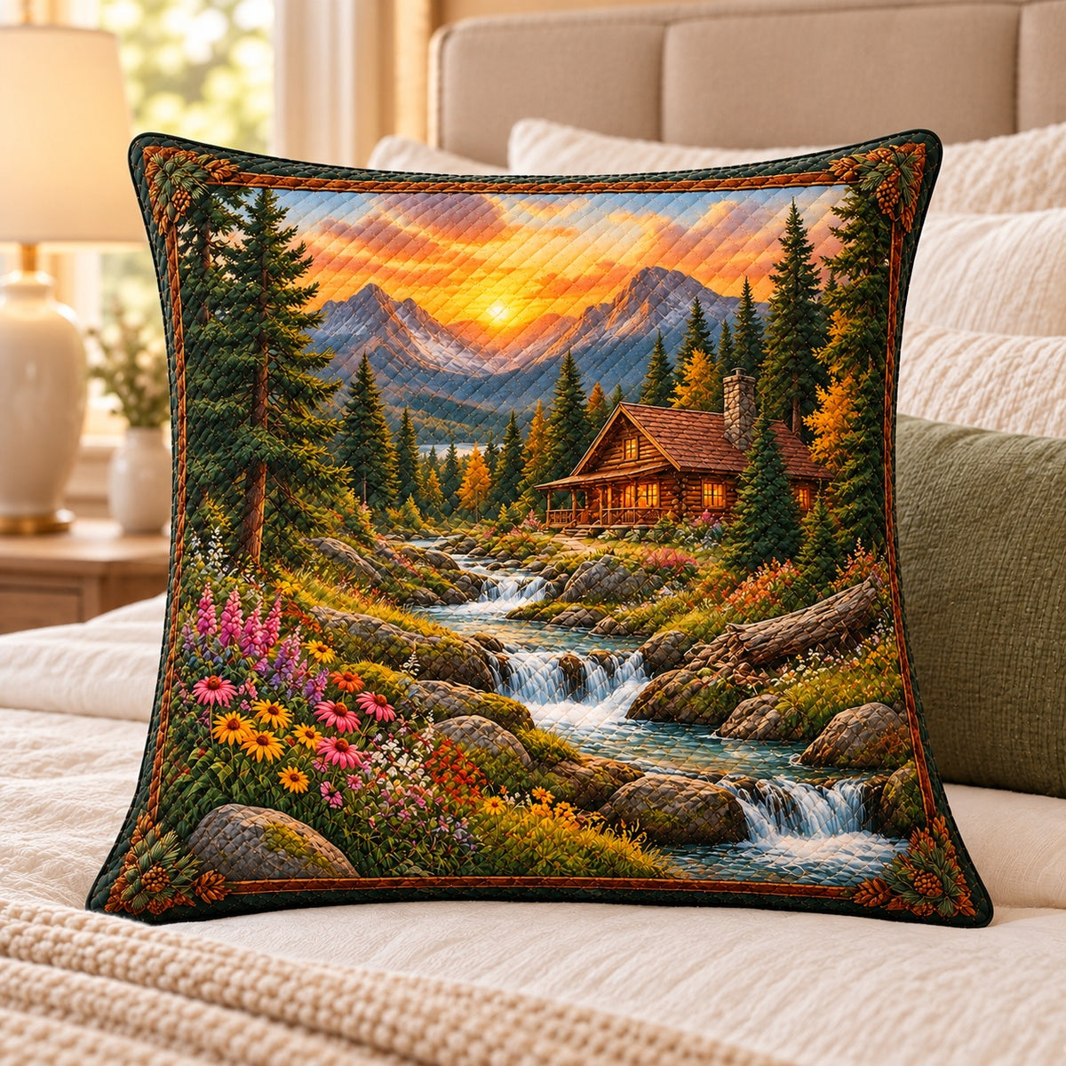 Mountain Cabin Sunset Quilted Throw Pillow, AI-generated bedroom mockup