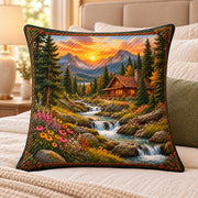 Mountain Cabin Sunset Quilted Throw Pillow, AI-generated bedroom mockup