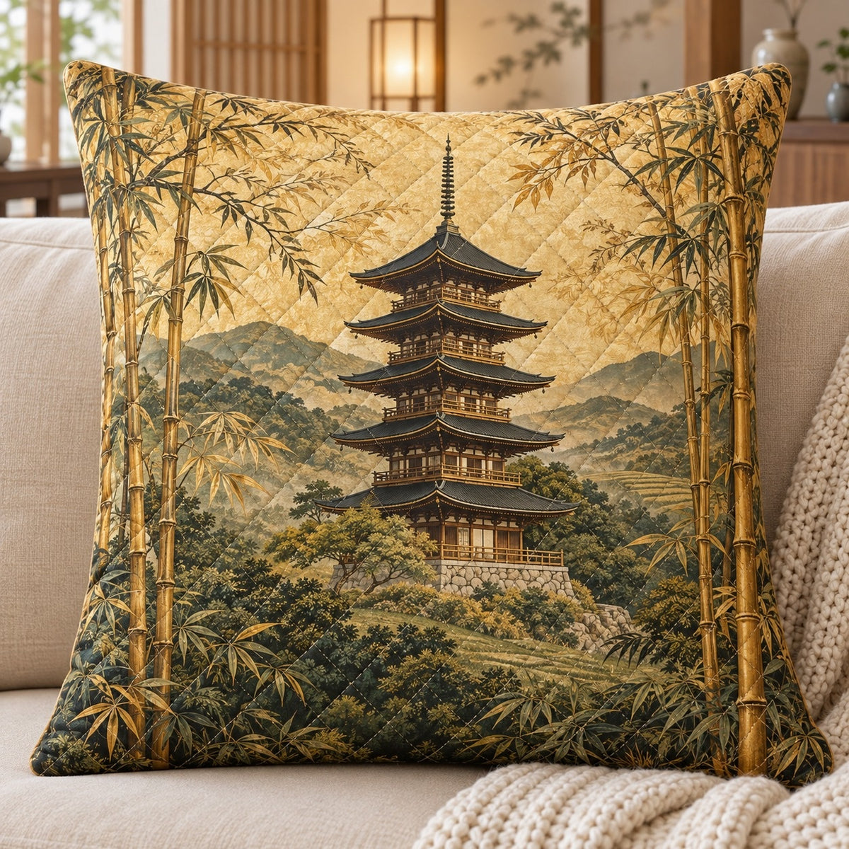Japanese Pagoda Quilted Throw Pillow, Golden Bamboo Landscape Decor, Gift for Japan Lovers
