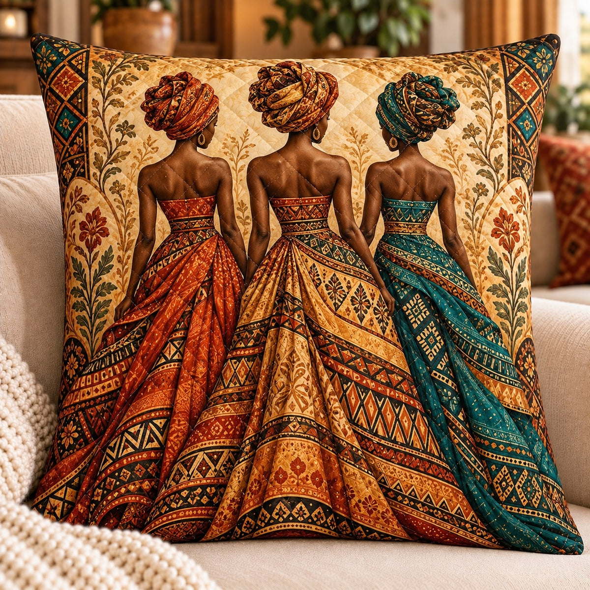 African Women Quilted Throw Pillow, Colorful Textile Art Decor, Gift for Culture Lovers
