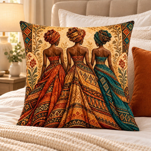 African Women Quilted Throw Pillow, AI-generated bedroom mockup