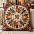 Feather Compass Quilted Throw Pillow, Rustic Boho Medallion Decor, Gift for Travelers