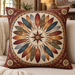 Feather Compass Quilted Throw Pillow, Rustic Boho Medallion Decor, Gift for Travelers