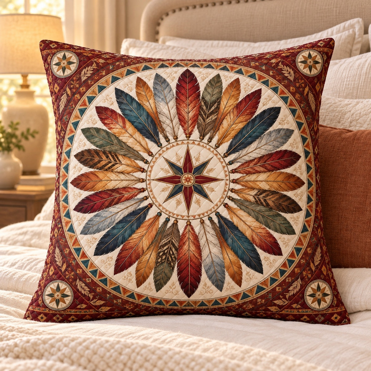 Feather Compass Quilted Throw Pillow, AI-generated bedroom mockup