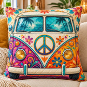 Peace Sign Camper Van Quilted Throw Pillow, AI-generated sofa mockup