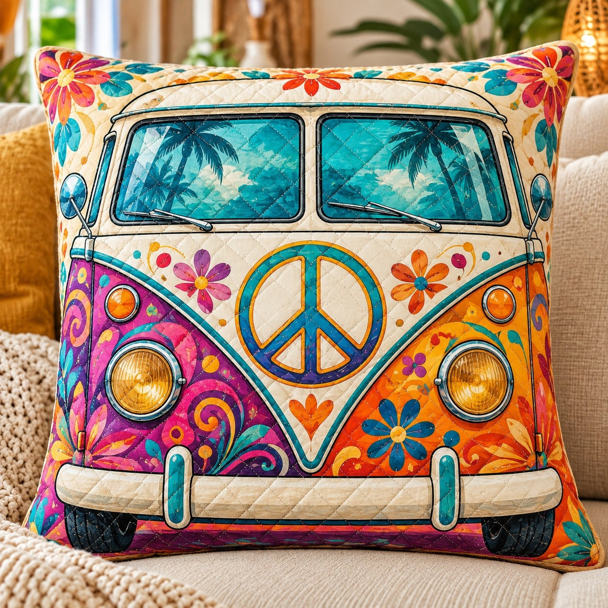Peace Sign Camper Van Quilted Throw Pillow, AI-generated sofa mockup