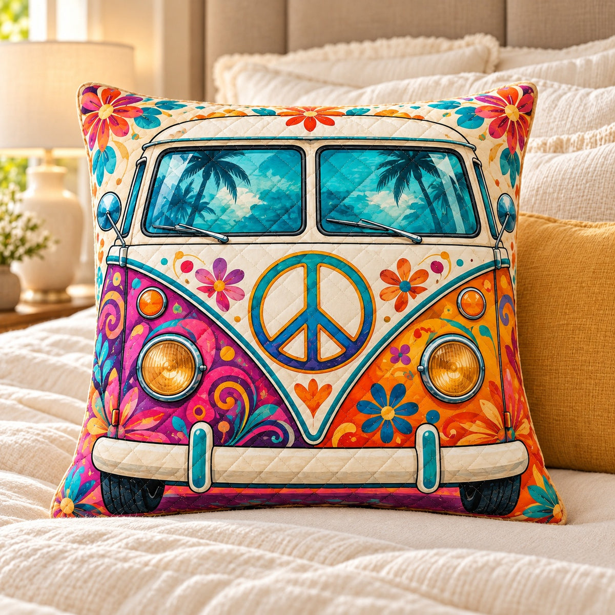 Peace Sign Camper Van Quilted Throw Pillow, AI-generated bedroom mockup