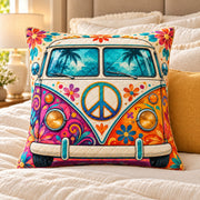 Peace Sign Camper Van Quilted Throw Pillow, AI-generated bedroom mockup