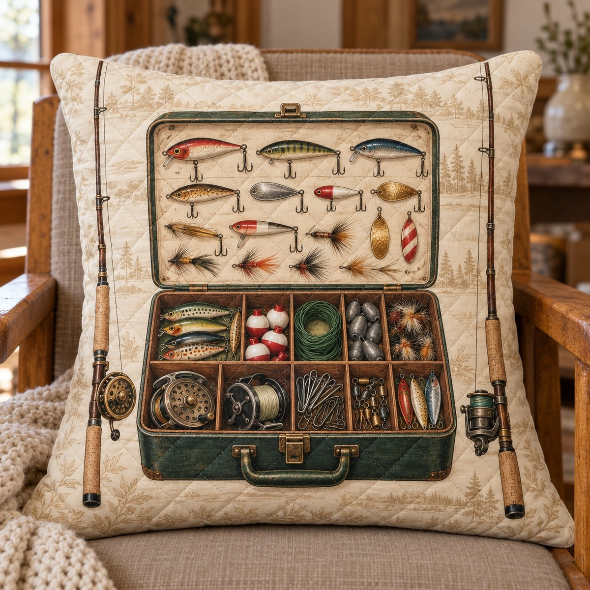 Fishing Tackle Quilted Throw Pillow, Vintage Angler Decor, Gift for Fishing Lovers