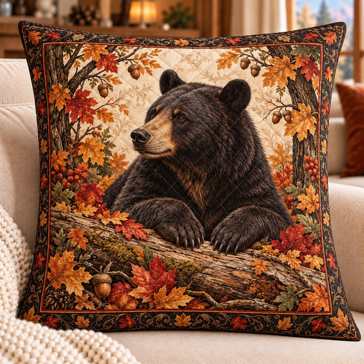 Autumn Black Bear Quilted Throw Pillow, AI-generated sofa mockup
