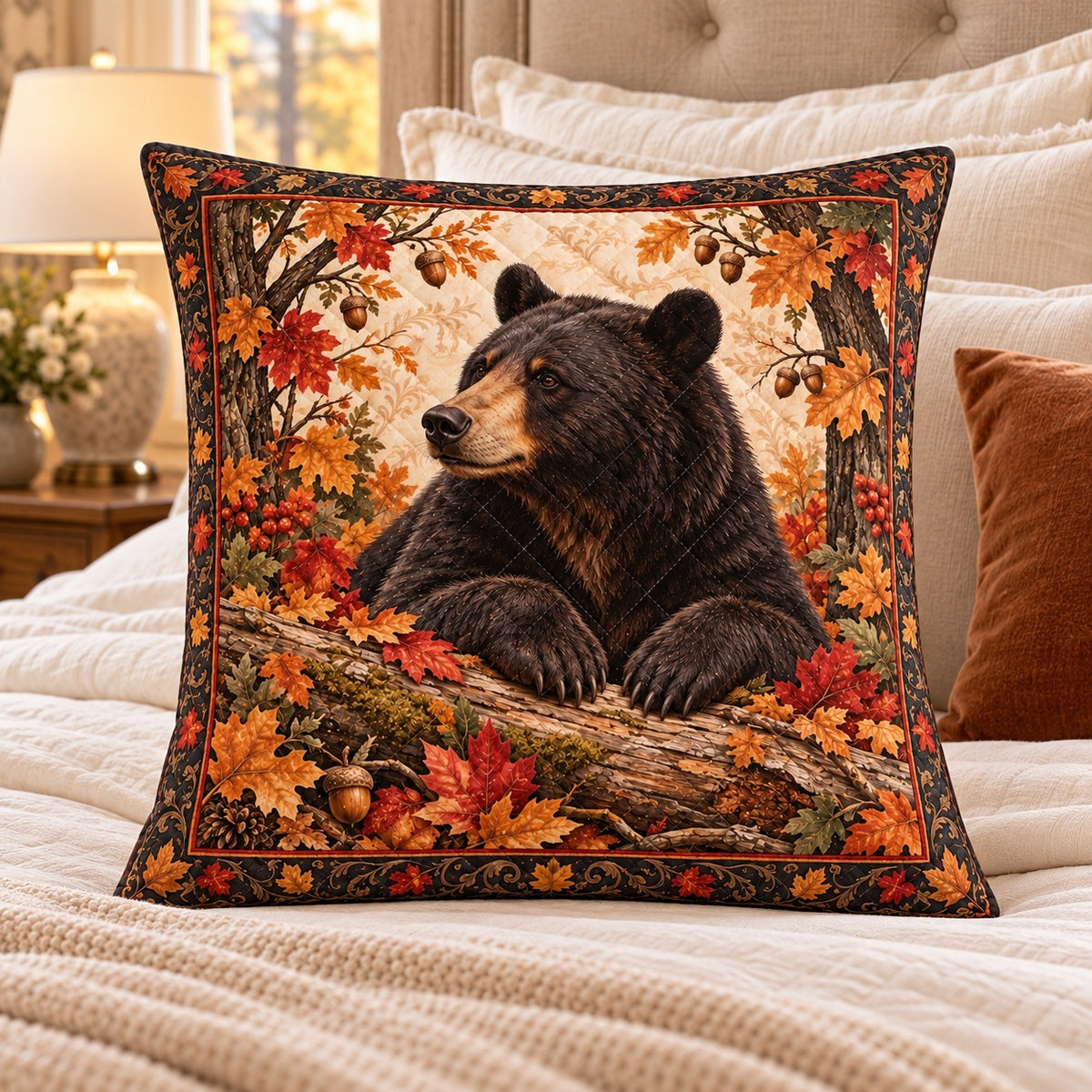 Autumn Black Bear Quilted Throw Pillow, AI-generated bedroom mockup