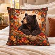 Autumn Black Bear Quilted Throw Pillow, AI-generated bedroom mockup