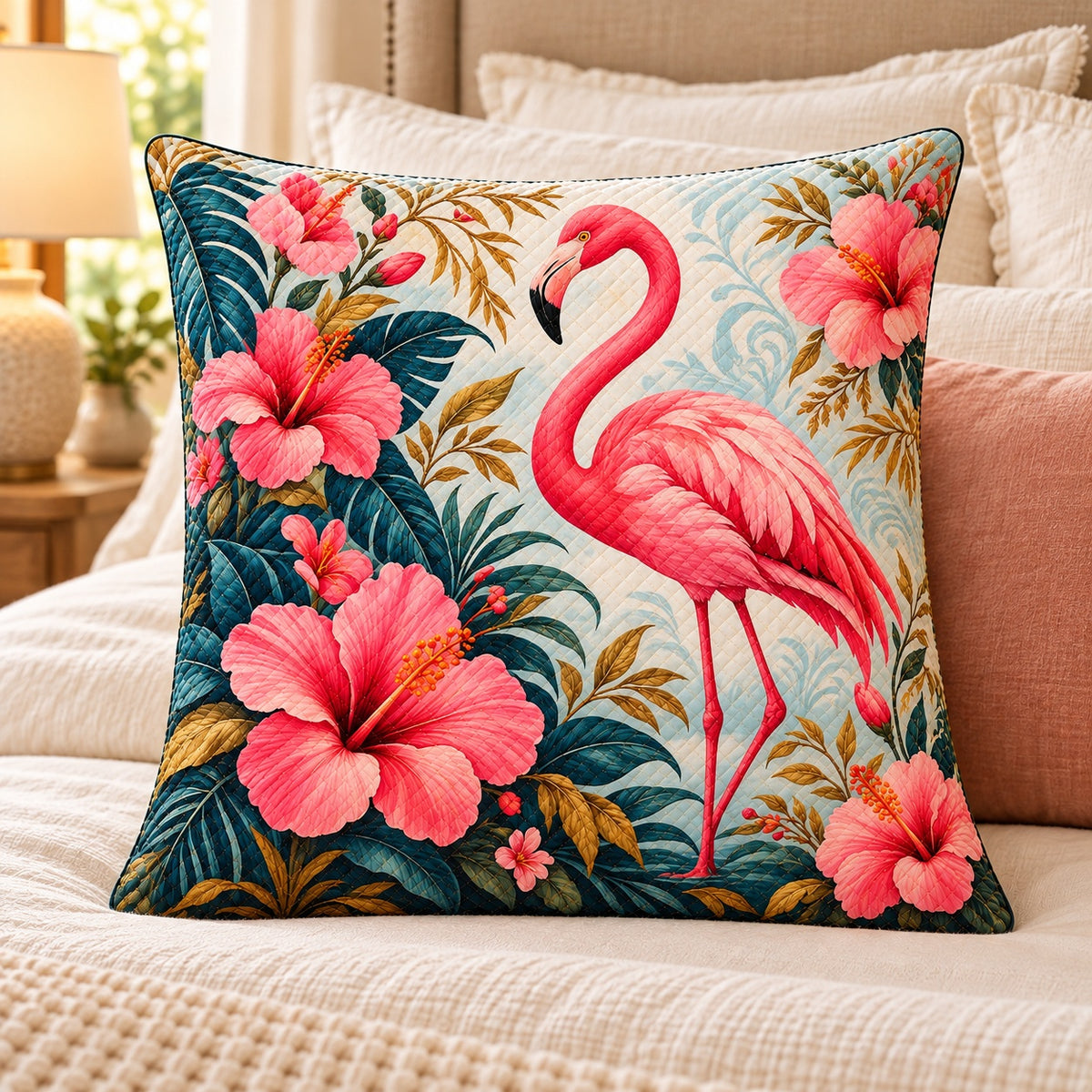 Pink Flamingo and Hibiscus Quilted Throw Pillow, AI-generated bedroom mockup