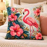 Pink Flamingo and Hibiscus Quilted Throw Pillow, AI-generated bedroom mockup