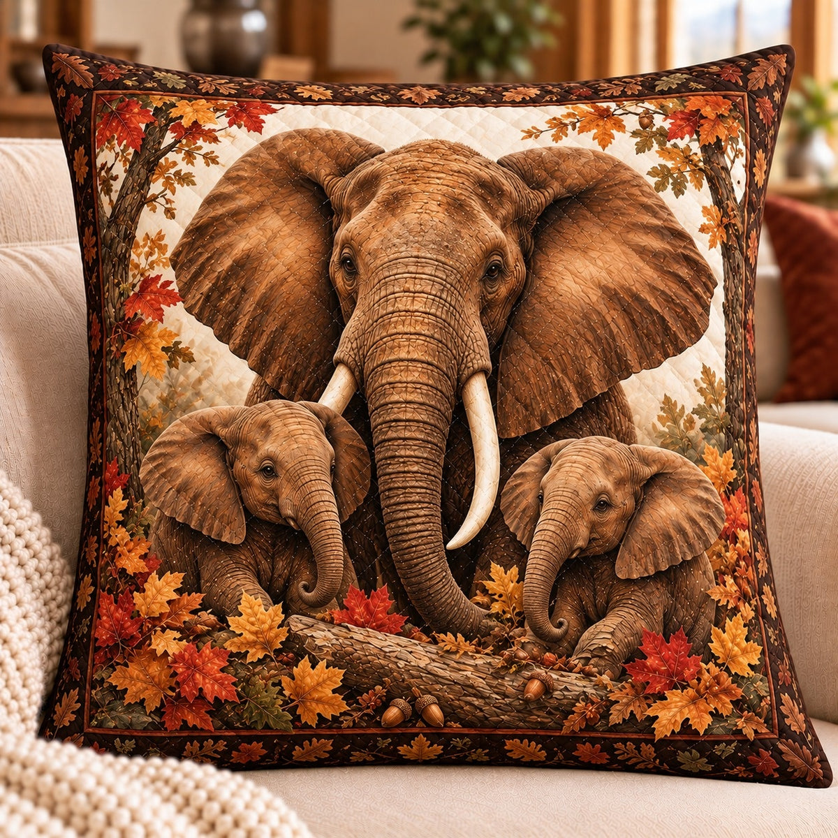 Elephant Family Quilted Throw Pillow, AI-generated sofa mockup