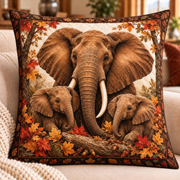 Elephant Family Quilted Throw Pillow, Autumn Wildlife Decor, Gift for Elephant Lovers