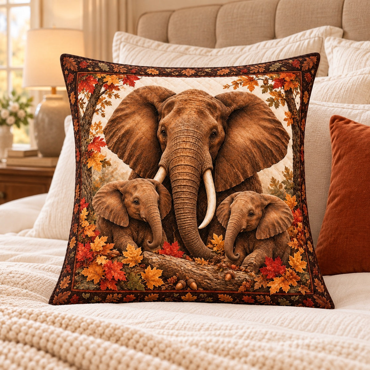 Elephant Family Quilted Throw Pillow, AI-generated bedroom mockup