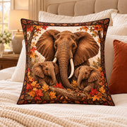 Elephant Family Quilted Throw Pillow, AI-generated bedroom mockup