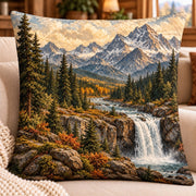 Mountain Waterfall Quilted Throw Pillow, AI-generated sofa mockup