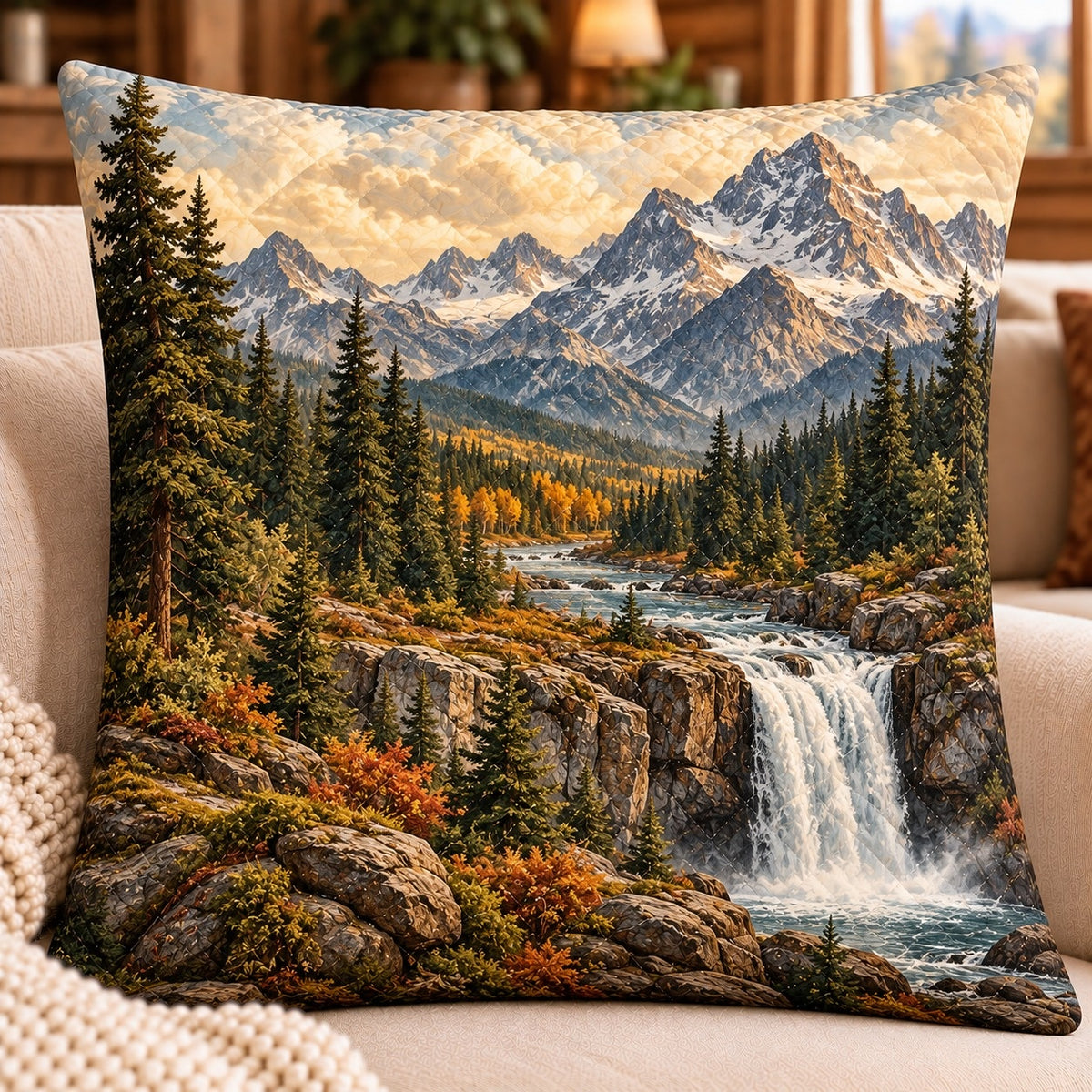 Mountain Waterfall Quilted Throw Pillow, AI-generated sofa mockup