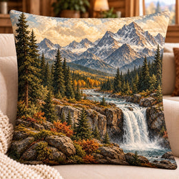 Mountain Waterfall Quilted Throw Pillow, Scenic Forest Decor, Gift for Nature Lovers
