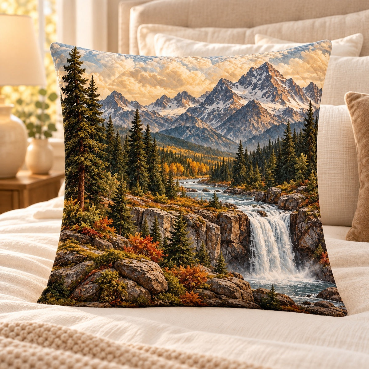 Mountain Waterfall Quilted Throw Pillow, AI-generated bedroom mockup