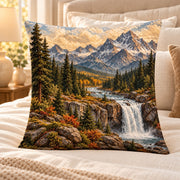 Mountain Waterfall Quilted Throw Pillow, AI-generated bedroom mockup