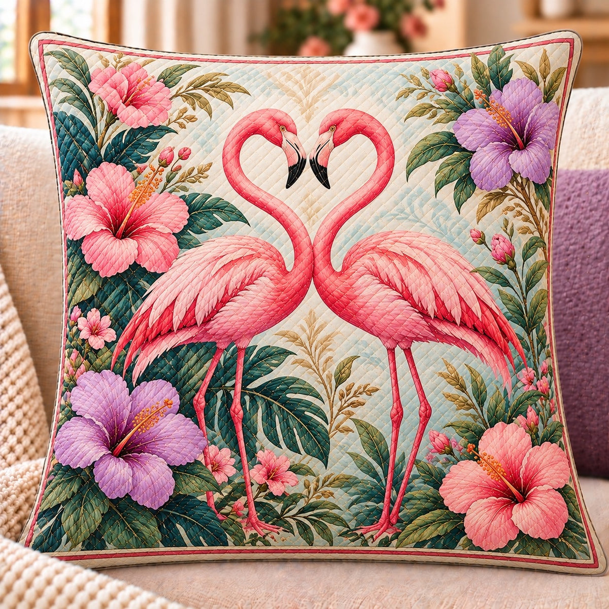 Pink Flamingo Pair Quilted Throw Pillow, AI-generated sofa mockup