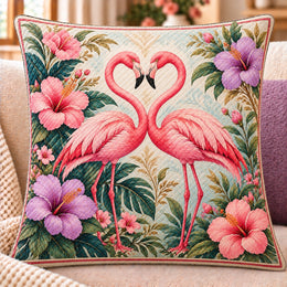 Pink Flamingo Pair Quilted Throw Pillow, Tropical Heart Decor, Gift for Flamingo Lovers