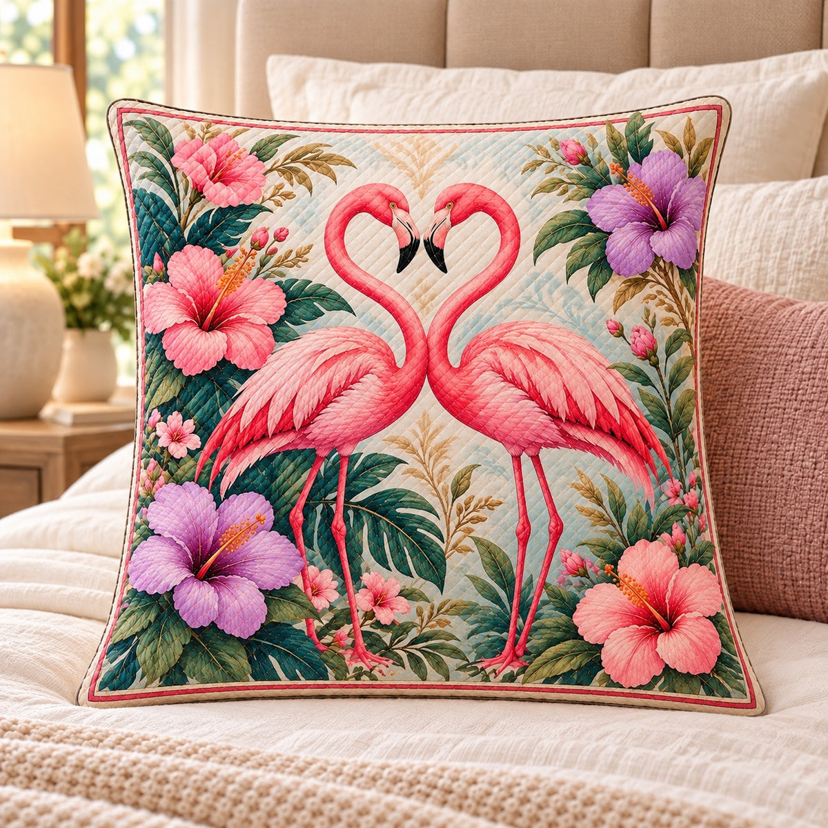 Pink Flamingo Pair Quilted Throw Pillow, AI-generated bedroom mockup