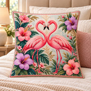 Pink Flamingo Pair Quilted Throw Pillow, AI-generated bedroom mockup