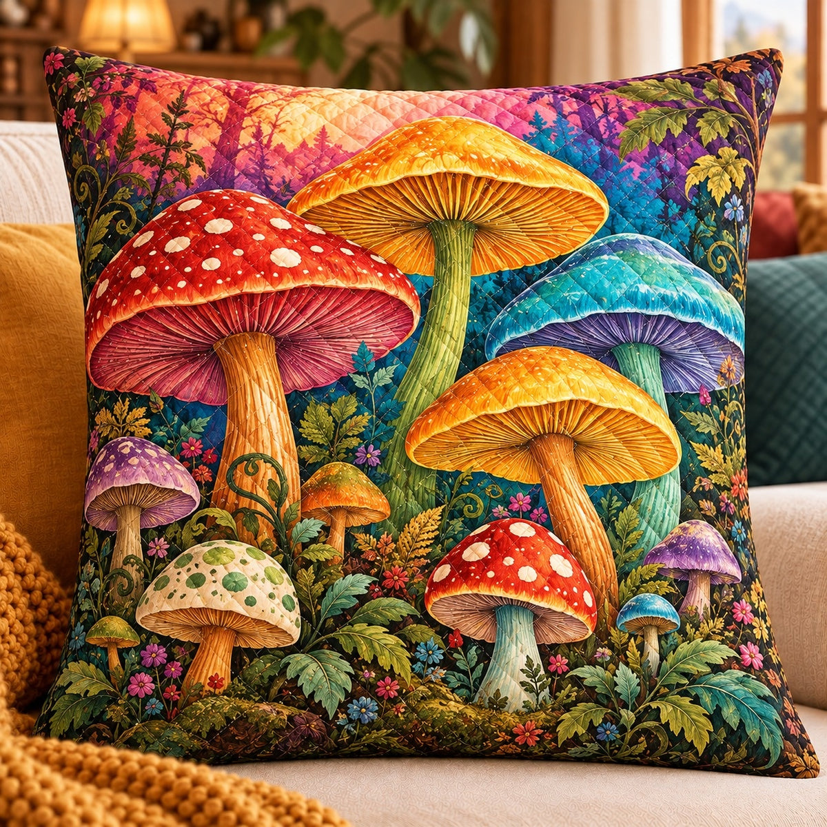 Rainbow Mushrooms Quilted Throw Pillow, AI-generated sofa mockup