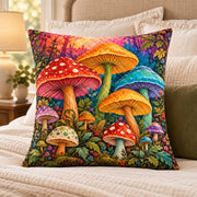 Rainbow Mushrooms Quilted Throw Pillow, AI-generated bedroom mockup