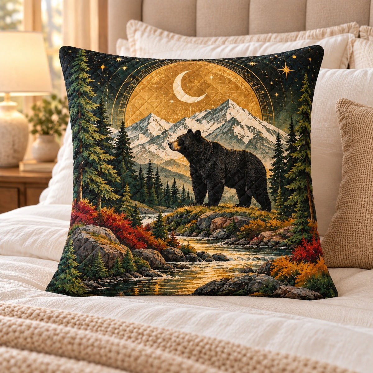 Black Bear and Moon Quilted Throw Pillow, AI-generated bedroom mockup