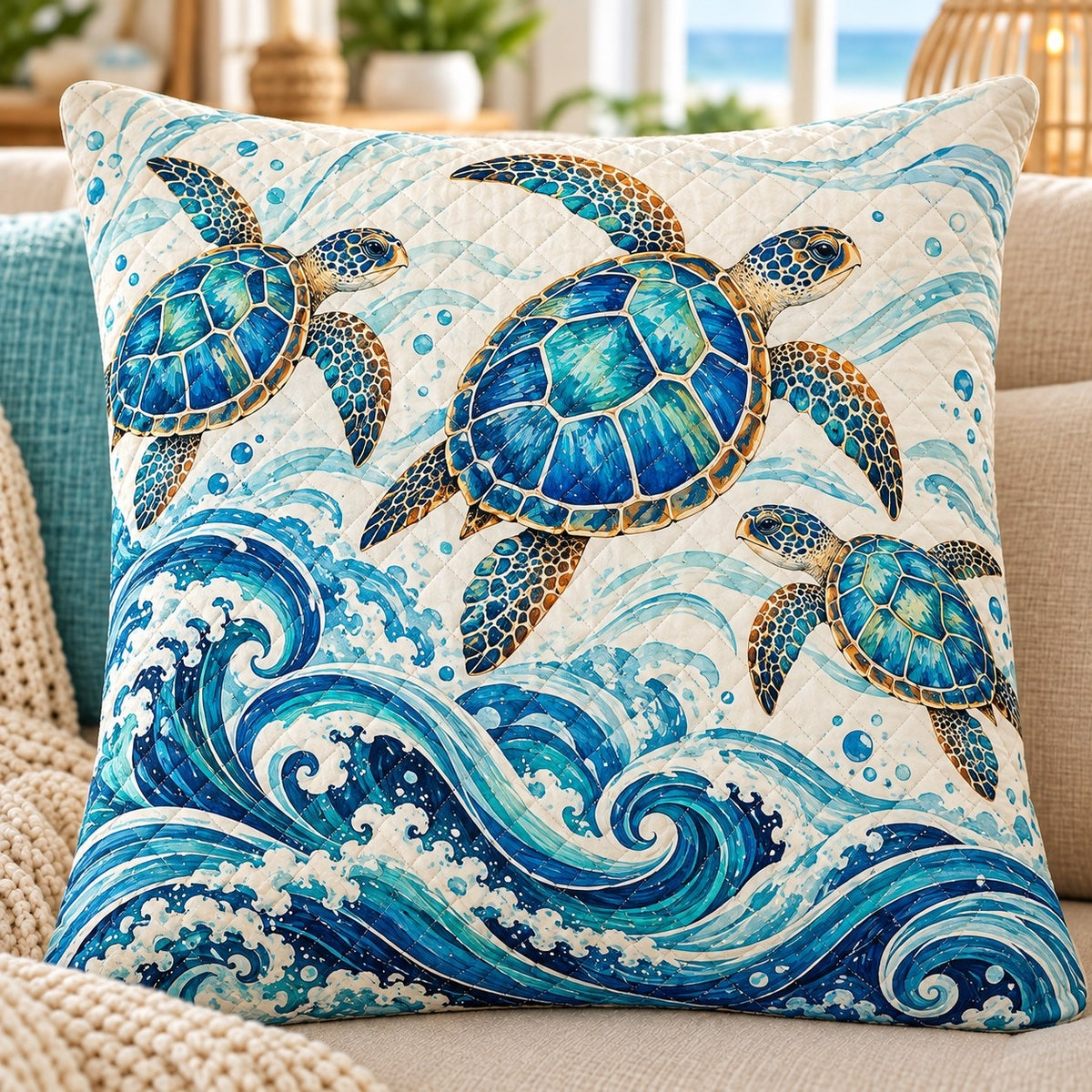 Blue Sea Turtles Quilted Throw Pillow, AI-generated sofa mockup