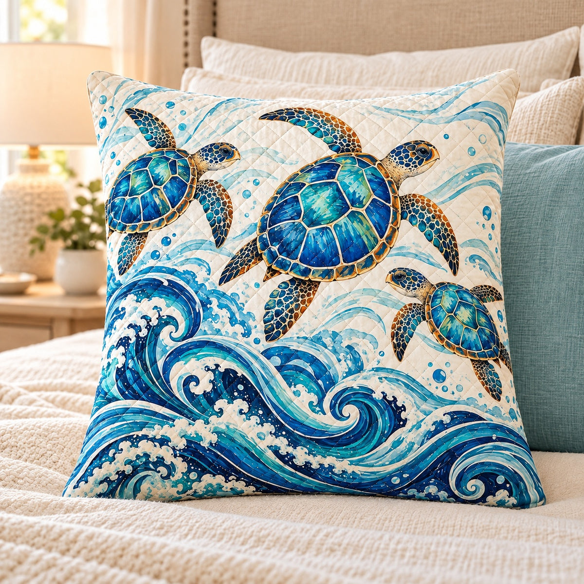 Blue Sea Turtles Quilted Throw Pillow, AI-generated bedroom mockup