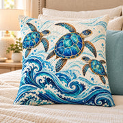 Blue Sea Turtles Quilted Throw Pillow, AI-generated bedroom mockup