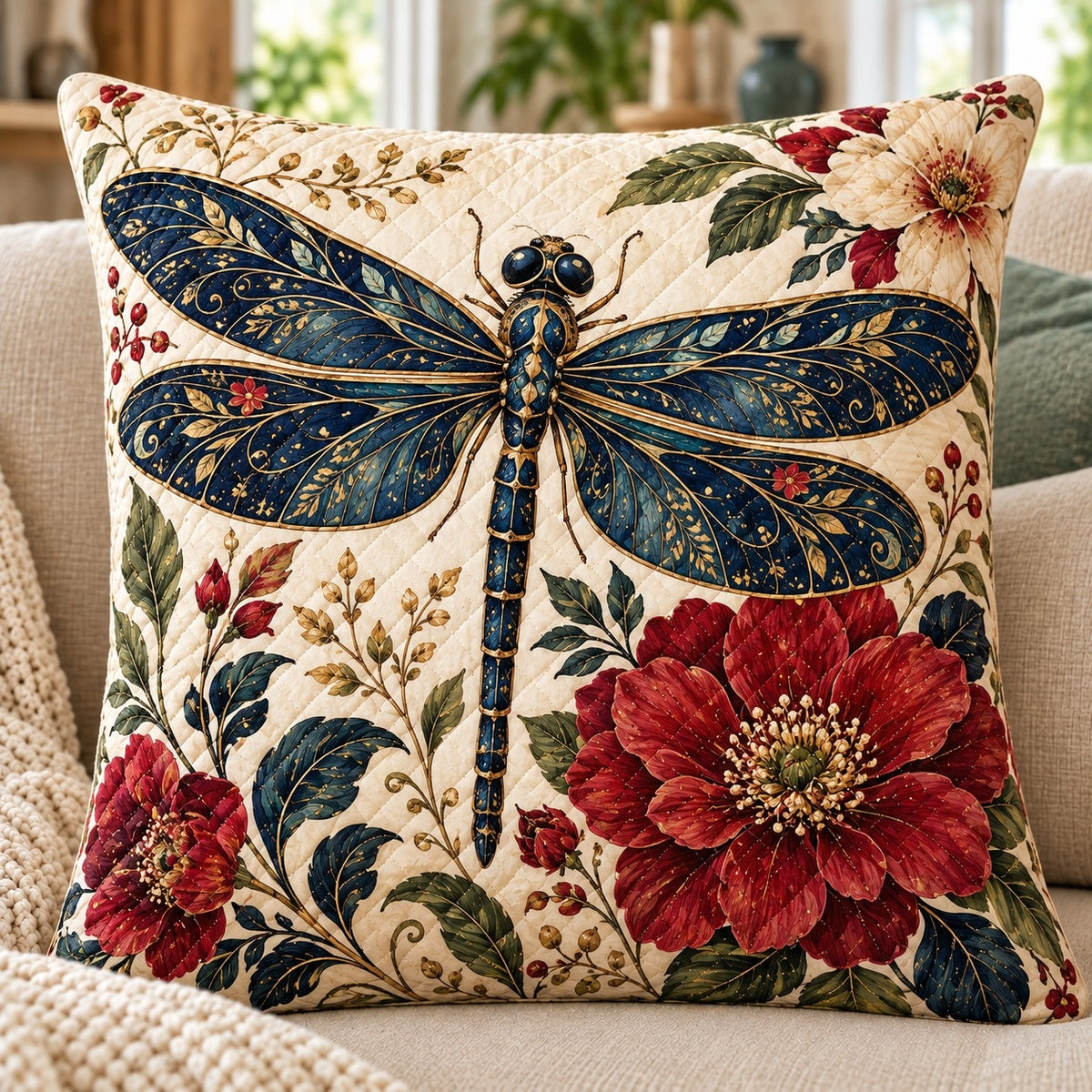 Navy Dragonfly Quilted Throw Pillow, Vintage Floral Decor, Gift for Dragonfly Lovers