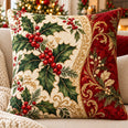 Christmas Holly Quilted Throw Pillow, Red and Gold Botanical Decor, Holiday Hostess Gift