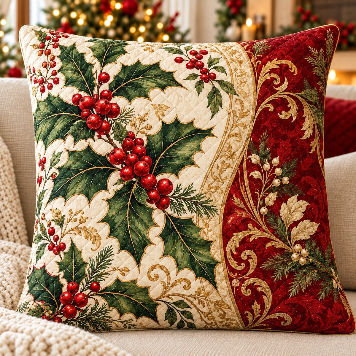 Christmas Holly Quilted Throw Pillow, AI-generated sofa mockup