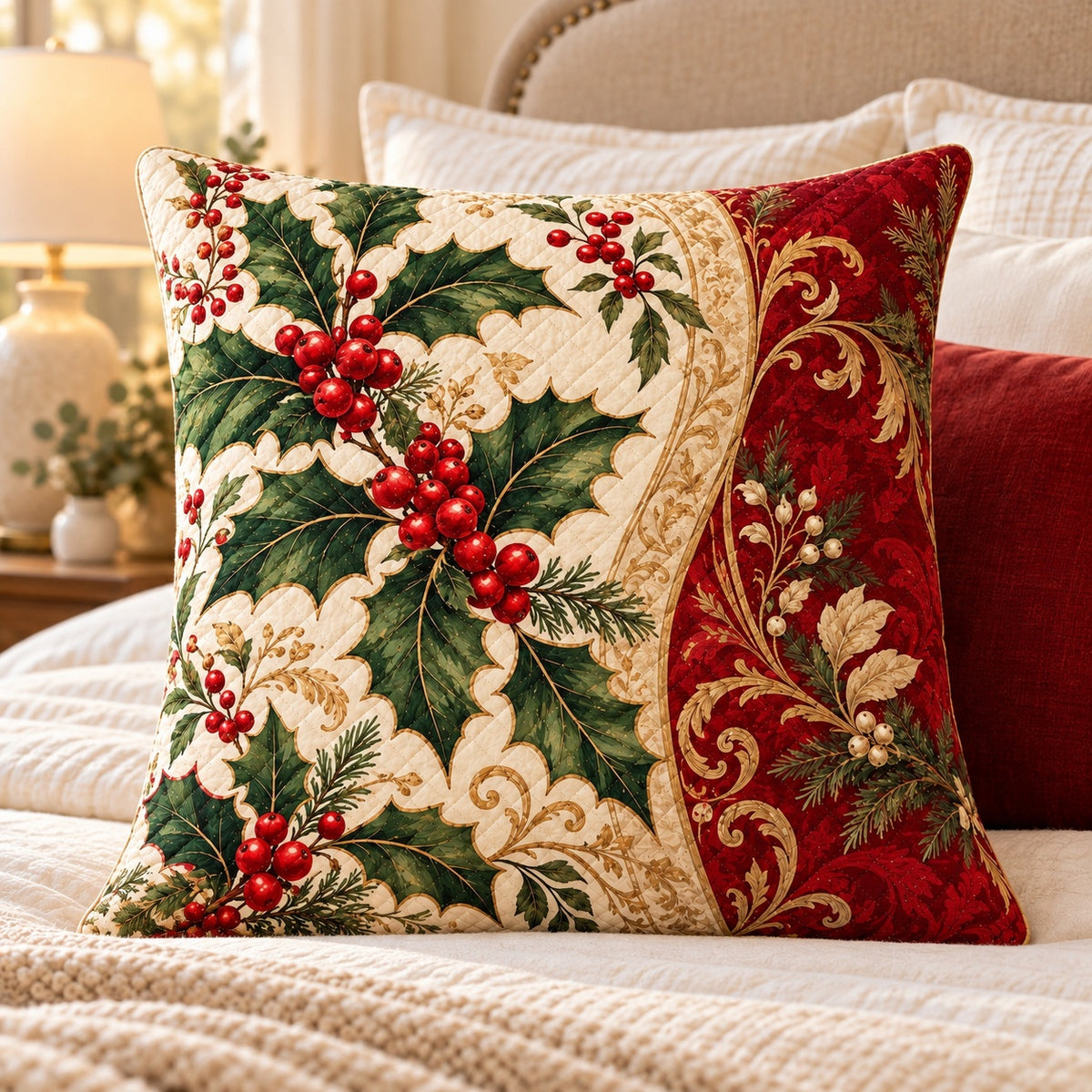 Christmas Holly Quilted Throw Pillow, AI-generated bedroom mockup