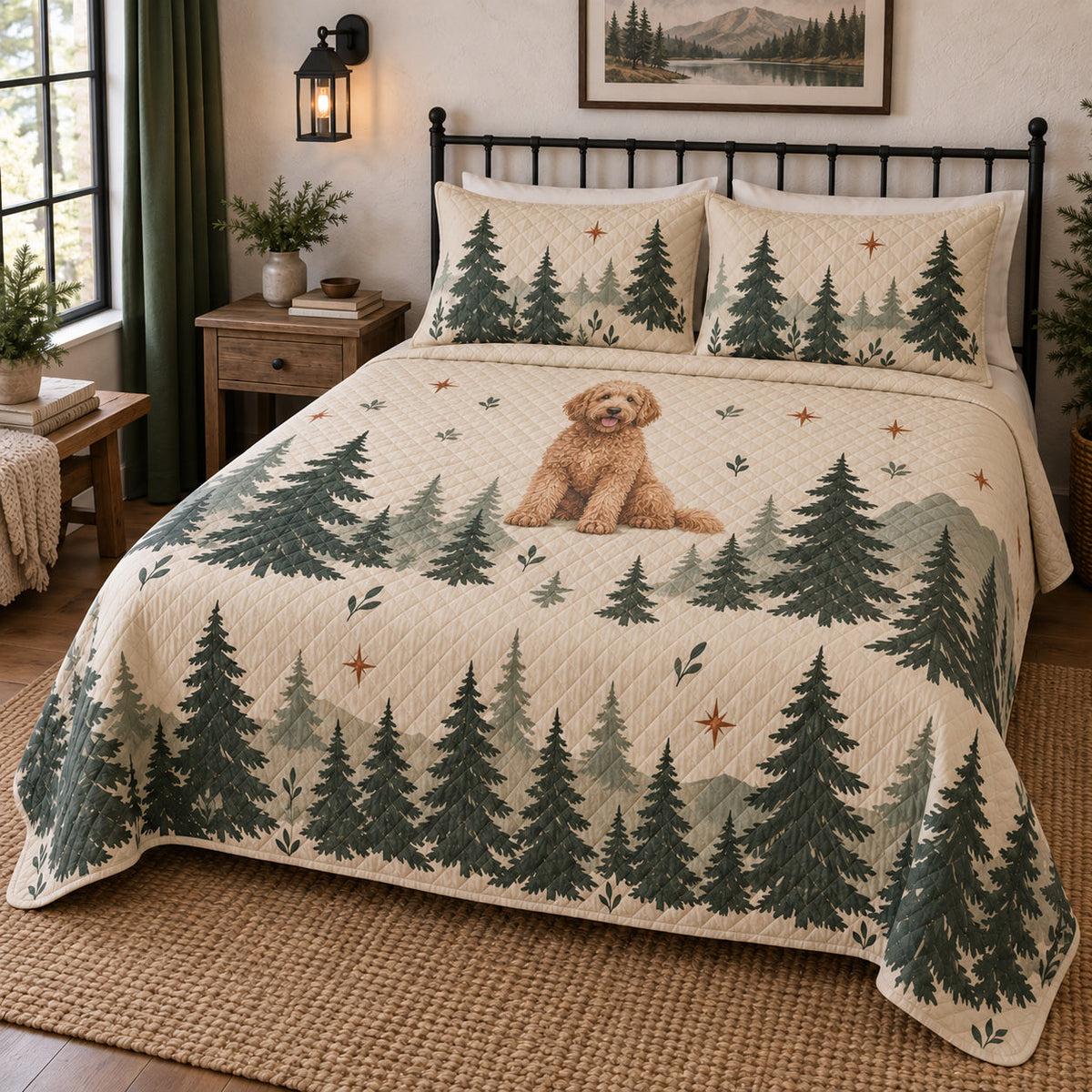 Pine Silhouette Doodle Goldendoodle Woodland Cabin Quilt Set, front goldendoodle woodland cabin bedroom view