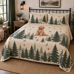 Pine Silhouette Doodle Goldendoodle Woodland Cabin Quilt Set
