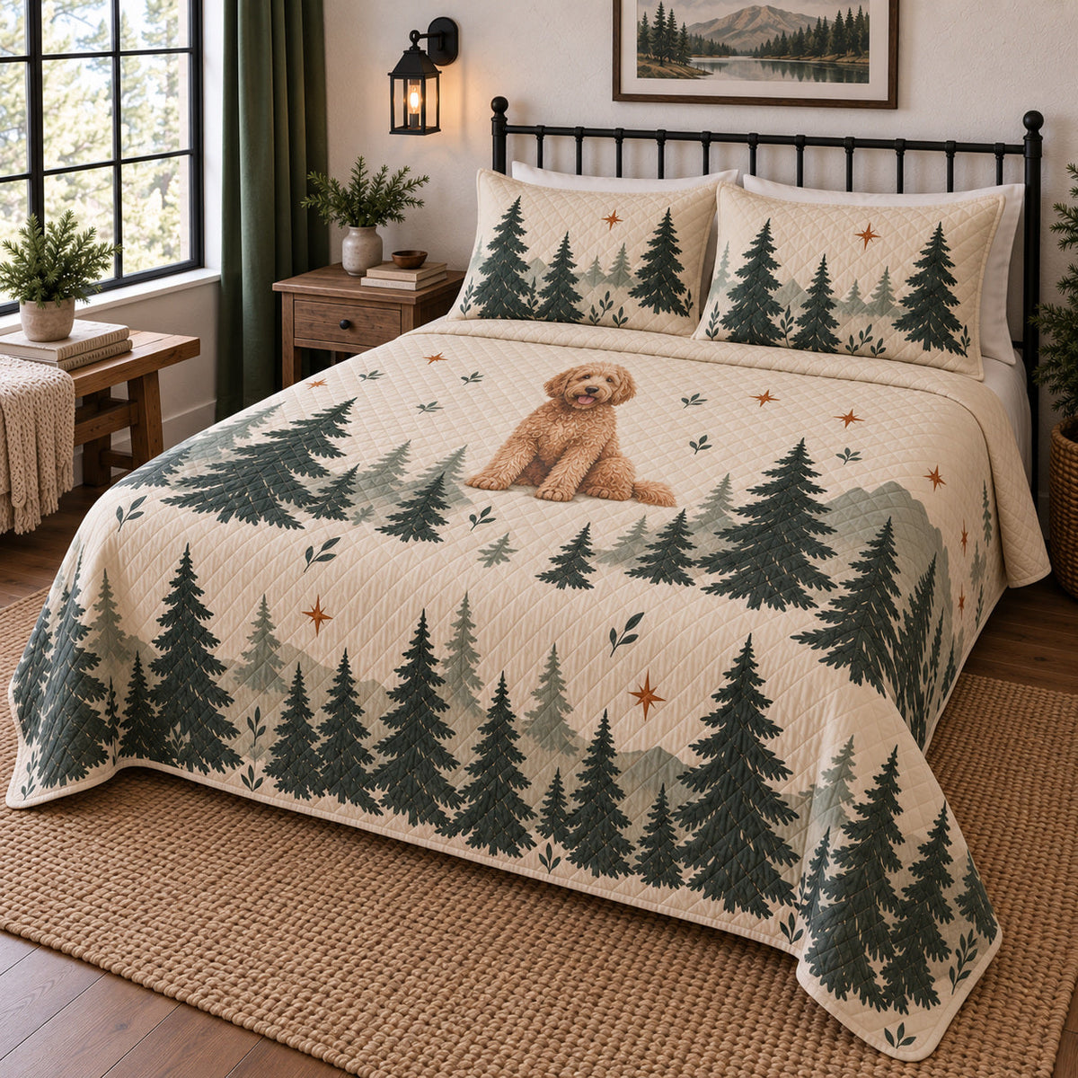 Pine Silhouette Doodle Goldendoodle Woodland Cabin Quilt Set, angled goldendoodle woodland cabin bedroom view