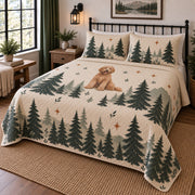 Pine Silhouette Doodle Goldendoodle Woodland Cabin Quilt Set, angled goldendoodle woodland cabin bedroom view