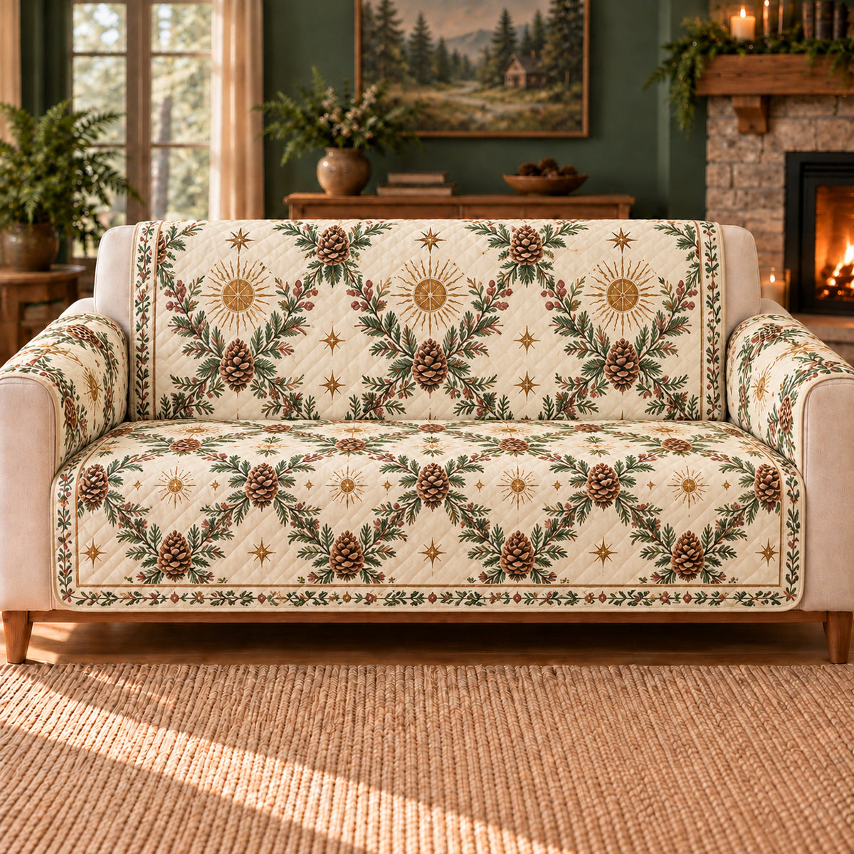 Pinecone Solar Lattice sofa cover on a beige sofa
