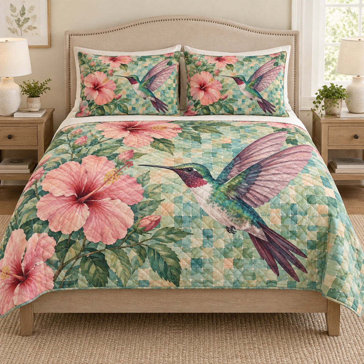 Pink Hummingbird Hibiscus quilt design with coordinating pillow shams